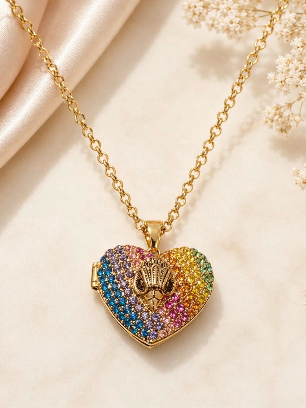 Kurt Geiger Heart Charm Locket Pendant Necklace Multicolor Pavé Crystal Gold NWT